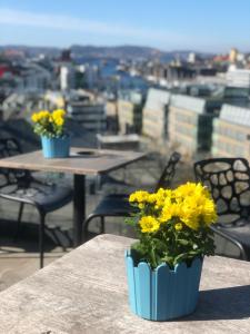 卑尔根索尔海姆斯维根马吉克酒店的坐在桌子上的黄色花瓶