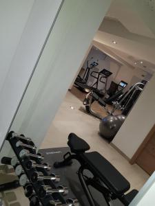 蒂罗尔-泽费尔德韦盖纳酒店的健身房设有一排跑步机和健身器材