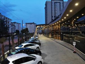 加济安泰普Shimall Hotel的停在大楼旁边的一排汽车