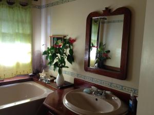 格罗斯岛意大利宾馆的一间带水槽、浴缸和镜子的浴室