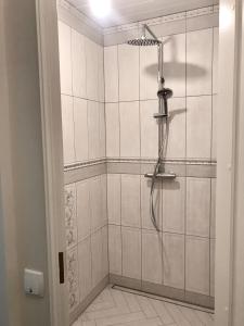 哈普萨卢Lahe 9 - apartement in Haapsalu Old Town的浴室铺有白色瓷砖,设有淋浴。