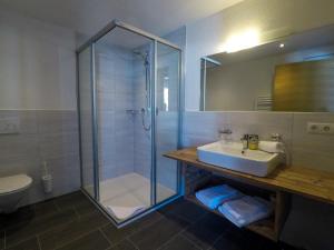 瑙德斯Collina Hotel Garni的带淋浴、盥洗盆和卫生间的浴室