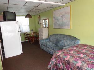 怀尔德伍德Fountain Motel的客房设有床、沙发和电视。