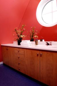 三河城马尔提沃伊勒4赛森斯木屋的一间带水槽和红色墙壁的浴室