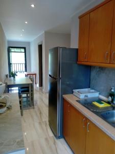 沃尔沃罗Aegialis Apartments (Dimitros)的厨房配有不锈钢冰箱和桌子