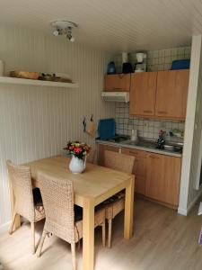 费马恩Campinghütte的厨房配有带椅子的木桌和花瓶