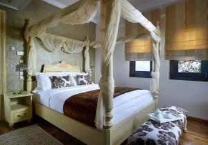 波尔塔里亚Stevalia Hotel & Spa的一间卧室配有一张带天蓬的床