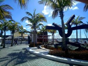 卡列罗港Velero Babu的一条棕榈树成荫的街道和飞机雕像