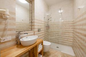 维尔纽斯维尔纽斯公寓酒店的一间带水槽、卫生间和淋浴的浴室