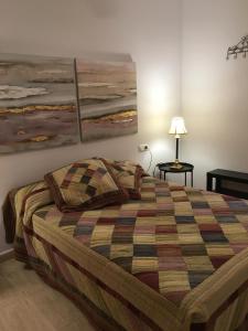 阿桂拉斯Apartamentos Arcos Céntrico的卧室配有一张床,墙上挂有两幅画
