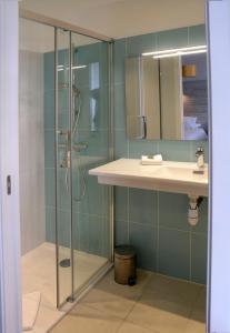 欧迪耶讷Auberge du Cabestan Hotel Audierne的带淋浴和盥洗盆的浴室