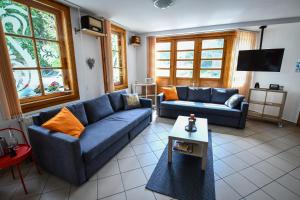 托考伊Borálom Stúdió Apartman Tokaj的客厅配有2张蓝色的沙发和1张桌子