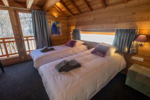 皮伊圣万桑Maison Puy Saint Vincent的小木屋内一间卧室,配有两张床