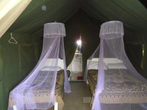 Ololaimutiek犀牛旅游营地旅馆的两张床位于带蚊帐的绿色帐篷内