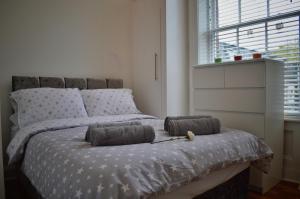 伯肯黑德Apartment 4 Hamilton Square的一间卧室配有一张带两个枕头的床