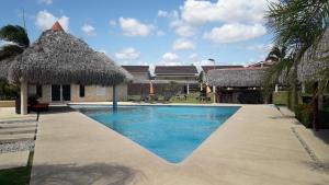 El Llano del MedioCoronado Beach Paradise的茅草屋顶游泳池