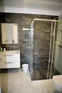 拉布Apartments Novak的带淋浴、卫生间和盥洗盆的浴室