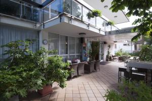 切塞纳蒂科Hotel Rondinella的户外庭院设有桌椅和植物