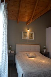 阿索斯浪漫曲一室公寓酒店的一间带一张床的卧室,位于带木制天花板的房间内