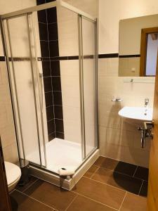 索尔登桑特霍夫公寓式酒店的带淋浴、卫生间和盥洗盆的浴室