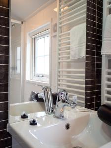 哈林亨Luxe Lodge Zeehoeve的带窗户的浴室内的白色水槽