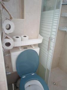 拉马特甘Sheffer的浴室设有蓝色卫生间和一些卫生纸。