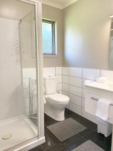 RuatapuMirror Creek Holiday Cottage的白色的浴室设有卫生间和淋浴。