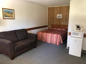 波蒂奇拉普雷里Yellow Quill Motel的酒店客房设有一张沙发和一张床