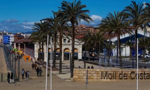 塔拉戈纳Tarragona Ciudad, El Serrallo AP-3的一座城市里一群棕榈树,有一座建筑