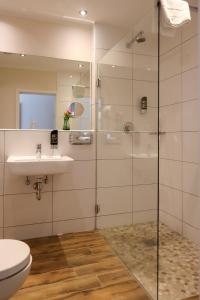 杜塞尔多夫古特莫斯科恩霍夫酒店的带淋浴、盥洗盆和卫生间的浴室