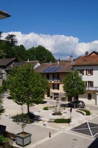 塞塞尔hotel du Rhône的享有树木和建筑的城镇景色