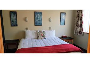 汉默温泉阿斯本汽车旅馆的一间卧室配有一张带红色毯子的大床