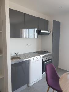 蒙蒂塞洛Corsica Résidence Galitello的厨房配有水槽和紫色椅子