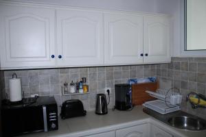 丰沙尔Vila Calaça的厨房柜台配有白色橱柜和微波炉