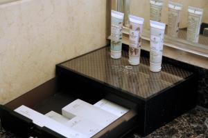 广州科尔海悦酒店的浴室里设有两管头发的台面