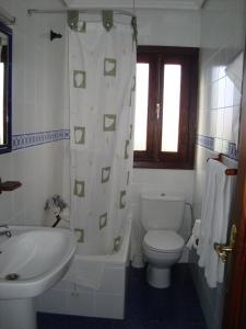 奥耶多佩尼亚萨格拉旅馆的浴室设有卫生间、水槽和淋浴帘