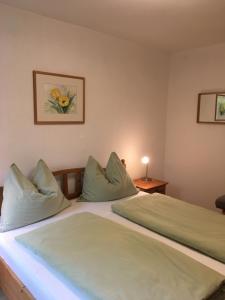 圣吉尔根Garten Apartment Diwoky的一间卧室配有一张带绿床单和枕头的床。