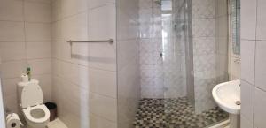 温特和克Esperanca Guesthouse的带淋浴、卫生间和盥洗盆的浴室