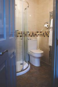 奥尔斯特斯罗克莫顿纹章酒店的一间带卫生间和玻璃淋浴间的浴室