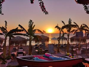 法里拉基Tsambikos Apts的棕榈树和日落的海滩