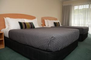 奥克兰格林兰庄园汽车旅馆的酒店客房设有两张床和窗户。