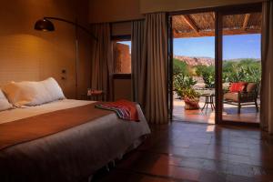 圣佩德罗·德·阿塔卡马Nayara Alto Atacama的一间卧室配有一张床,享有庭院的景色