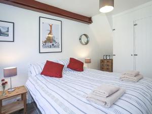 NantlleTan Meredydd的卧室配有带红色枕头的大型白色床