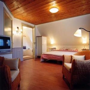布尔坦赫城布尔坦赫弗斯丁酒店的一间卧室配有一张床、两把椅子和一台电视
