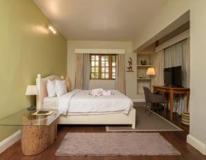 阿克拉奥玛殖民套房公寓的一间卧室配有一张床、一张书桌和一台电视