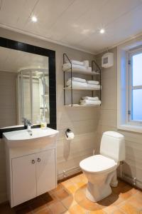 卡伯尔沃格Nyvågar Rorbuhotell - by Classic Norway Hotels的一间带卫生间、水槽和镜子的浴室