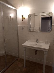 莫德拉May House Rodinný Historický dom的浴室配有盥洗盆和带镜子的淋浴