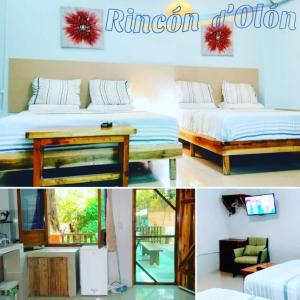 奥隆Rincón d'Olón Boutique Hotel的一张带两张床的房间的照片拼在一起