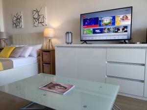 卢贝新城Ducal, Marina Baie des Anges的客厅的台面上配有电视