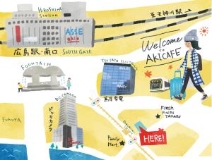 广岛阿肯卡夫宾馆的一张有妇女步行和建筑的澳洲地图